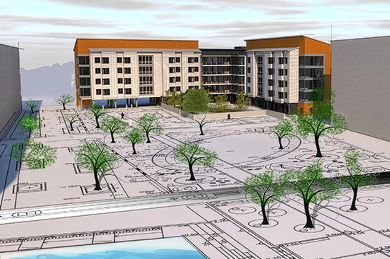 En rendering av en byggnad med en pool framför.