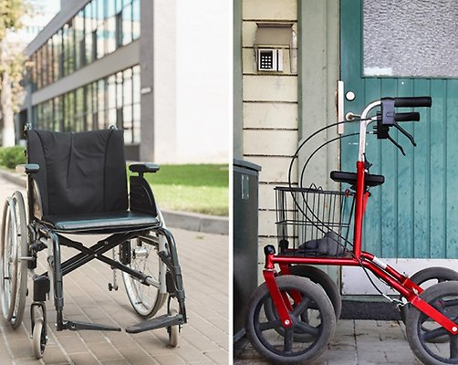 Collage med rullstol och rollator