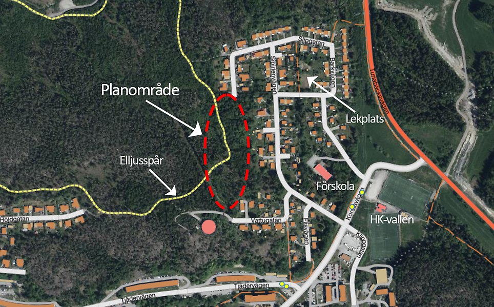 Illustrationen visar området för nya småhustomter. Elljusspåret kommer till viss del att dras om.